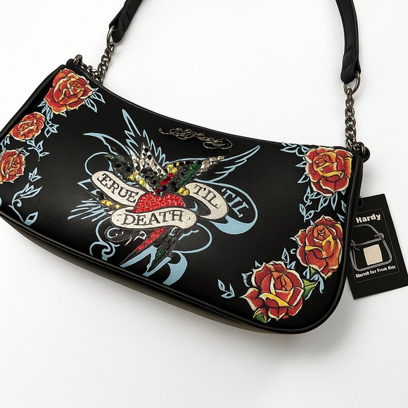 NWT Ed Hardy Small Shoulder Crossbody Bag Eagle Heart Roses Rhinestones Tattoo - Picture 1 of 9